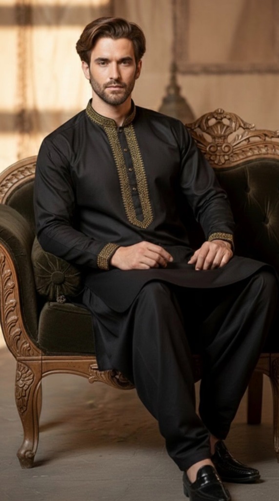 Black Embroidered Cotton Men's Kurta Set