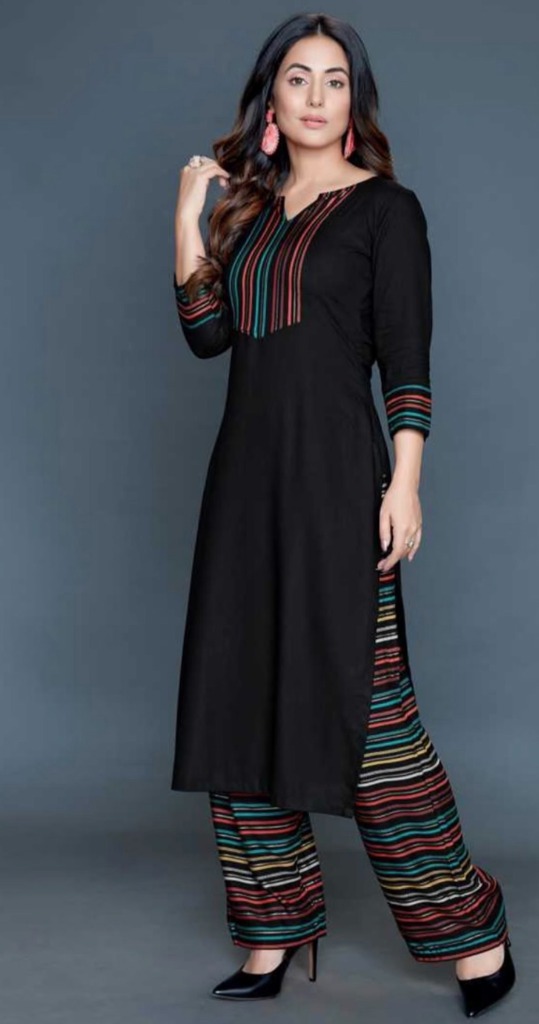 Black Multi-Striped Cotton Salwar Kameez Set