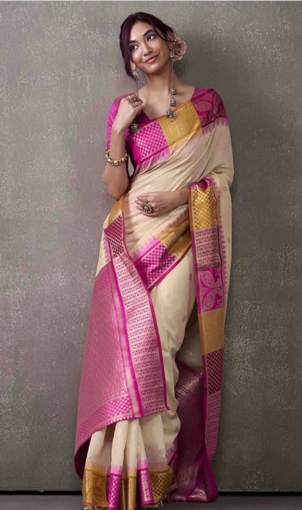 Cream Zari Woven Cotton Saree Set