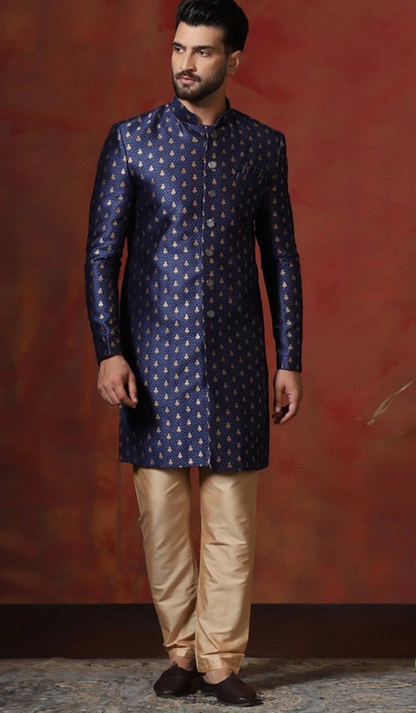 Navy Blue Embroidered Silk Blend Sherwani