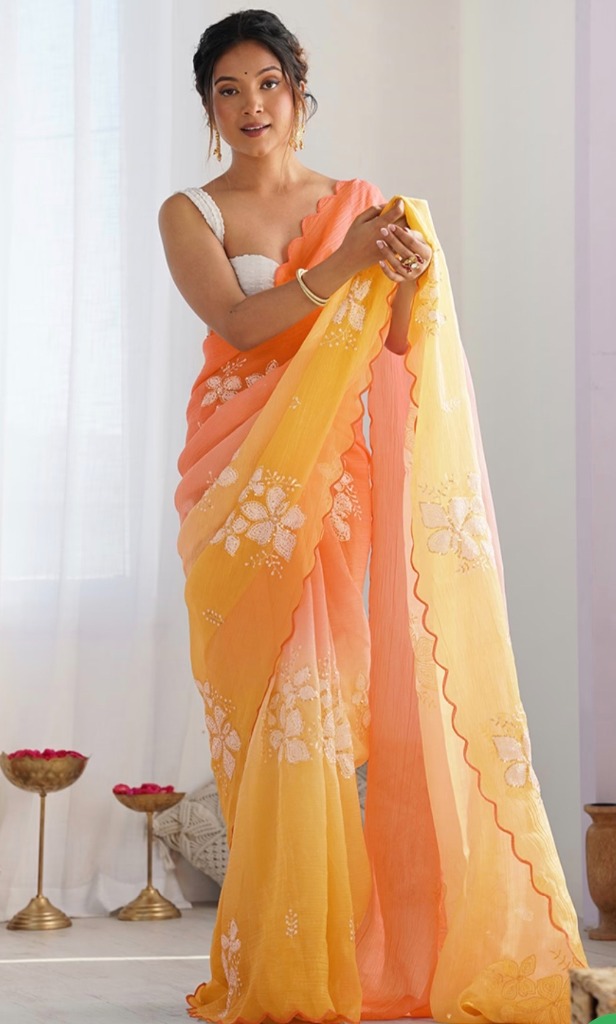 Orange Embroidered Silk Blend Saree