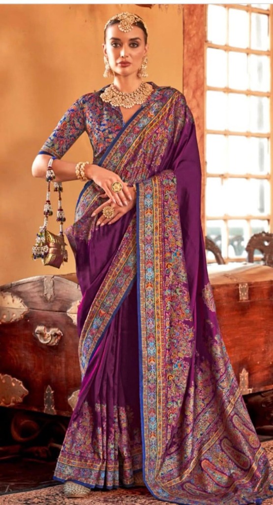 Purple Embroidered Silk Blend Saree Set