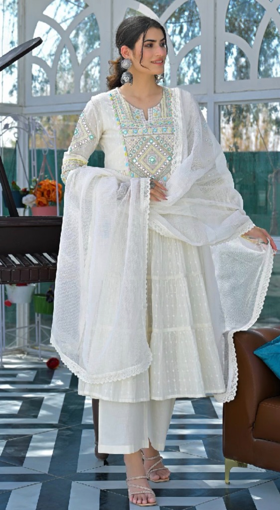 White Embroidered Anarkali Set