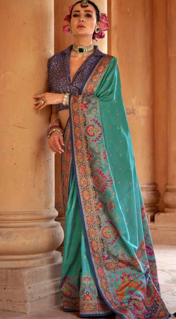 Turquoise Embroidered Silk Blend Saree