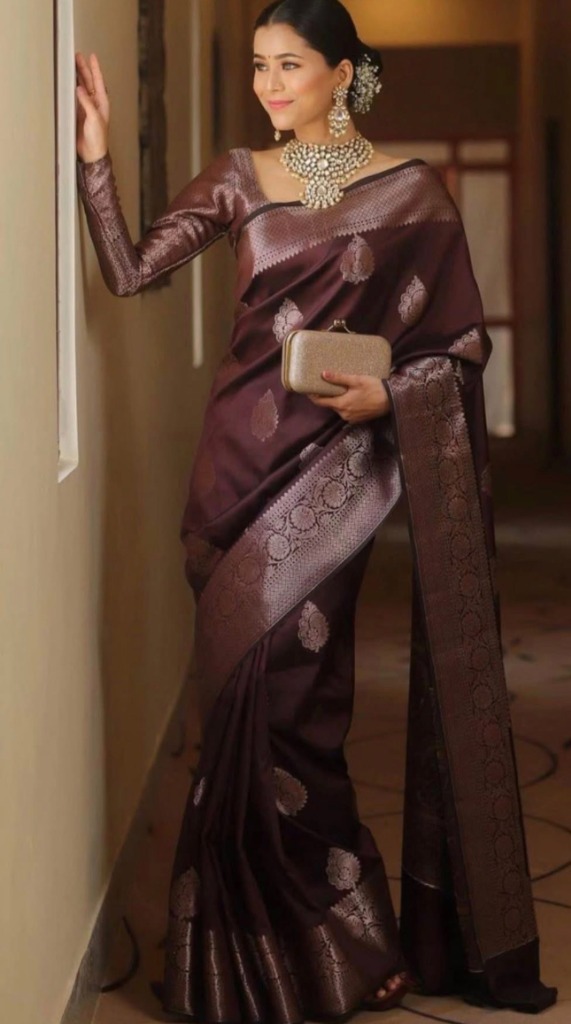 Wine Embroidery Silk Blend Saree Set